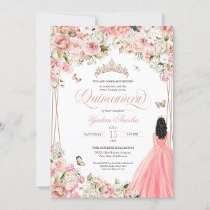 Quinceanera Blush Pink White Floral & Butterfly Invitation