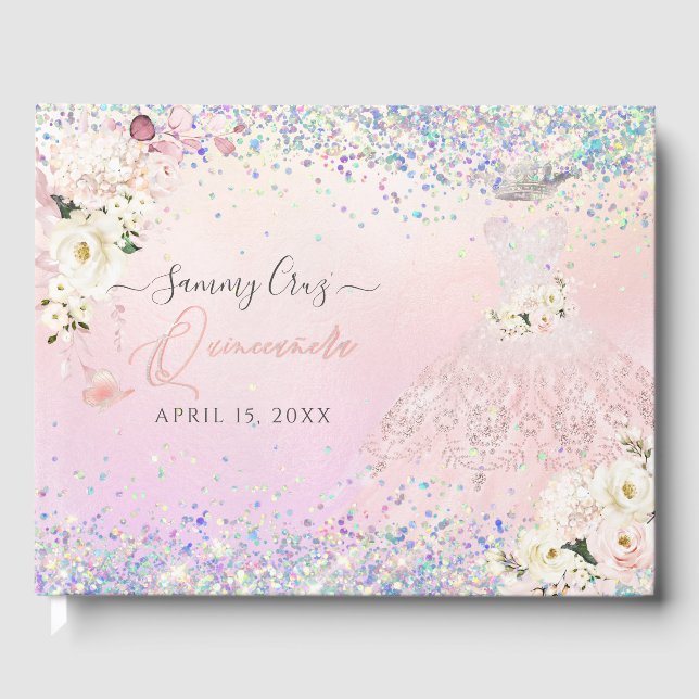 Quinceanera Blush Princess Glitter Gown Confetti G Guest Book (Front)
