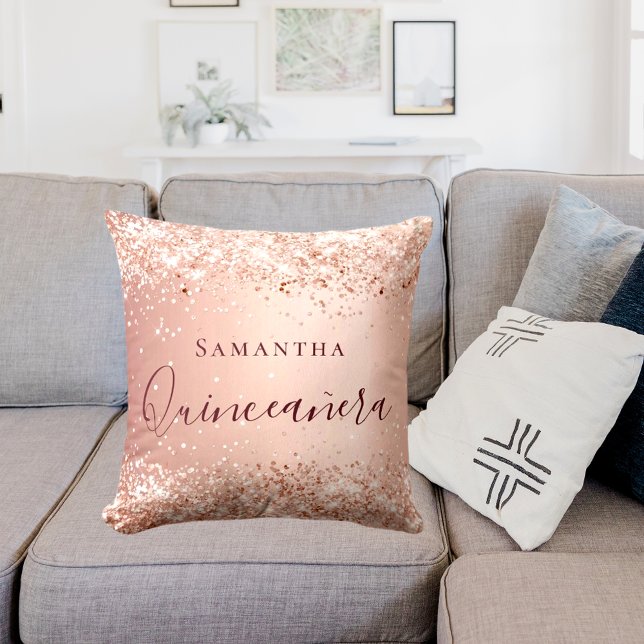 Quinceanera blush rose gold glitter name cushion (Creator Uploaded)