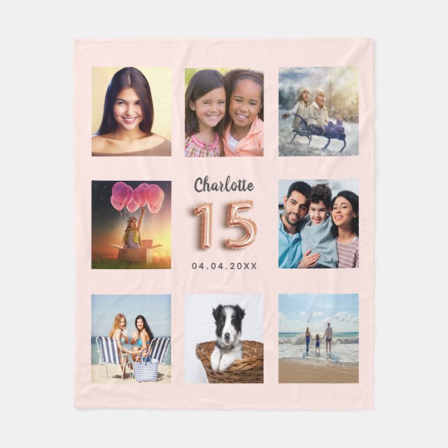 Quinceanera blush rose gold photo collage name fleece blanket (Front)