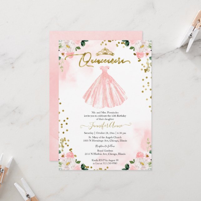 Quinceanera Blush Watercolor Flowers Pink Dress Invitation (Front/Back In Situ)