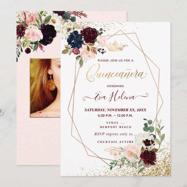 Quinceañera, Blush Watercolor Flowers Princess Invitation (Front/Back)