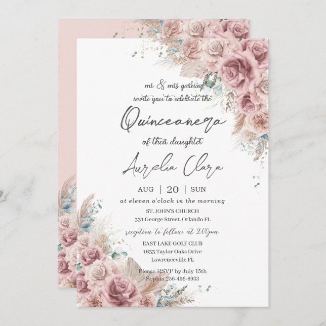Quinceañera Boho Blush Dusty Rose Floral Pampas Invitation (Front/Back)
