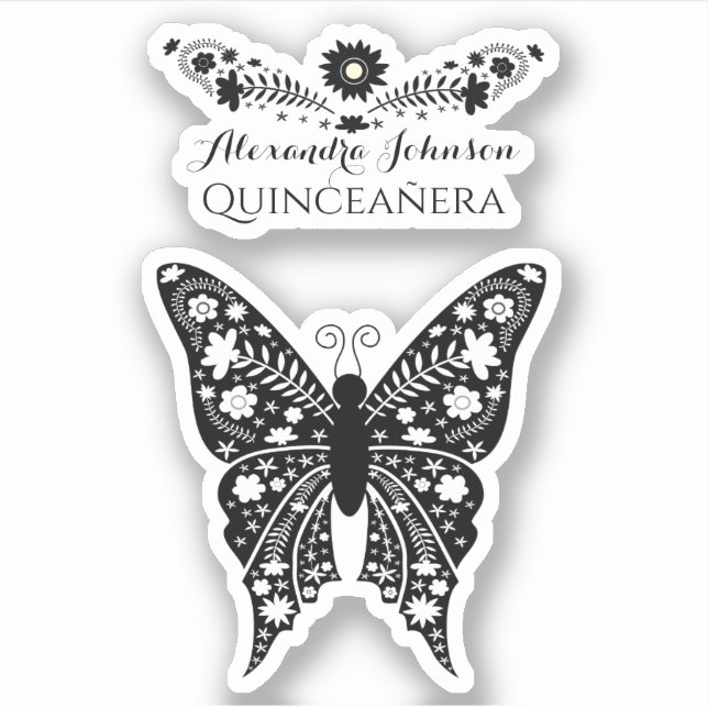 Quinceanera Boho Butterfly Black and White Name (Front)