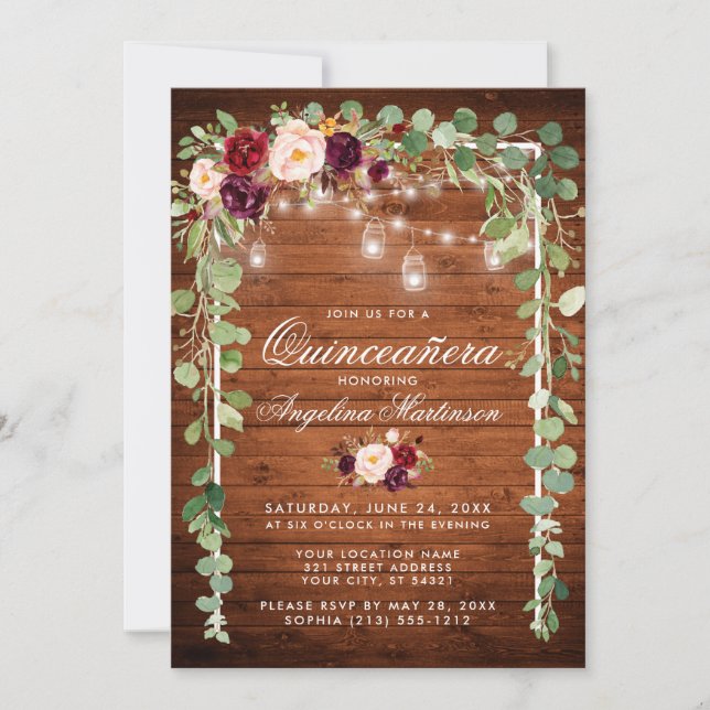 Quinceanera Botanical Floral Wood Lights Invitation (Front)