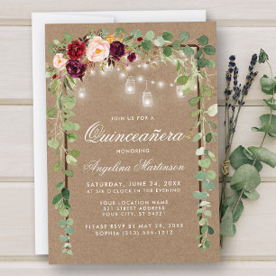 Quinceanera Botanical Green Wood Floral Kraft Invitation