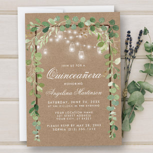 Quinceanera Botanical Green Wood Frame Kraft Invitation