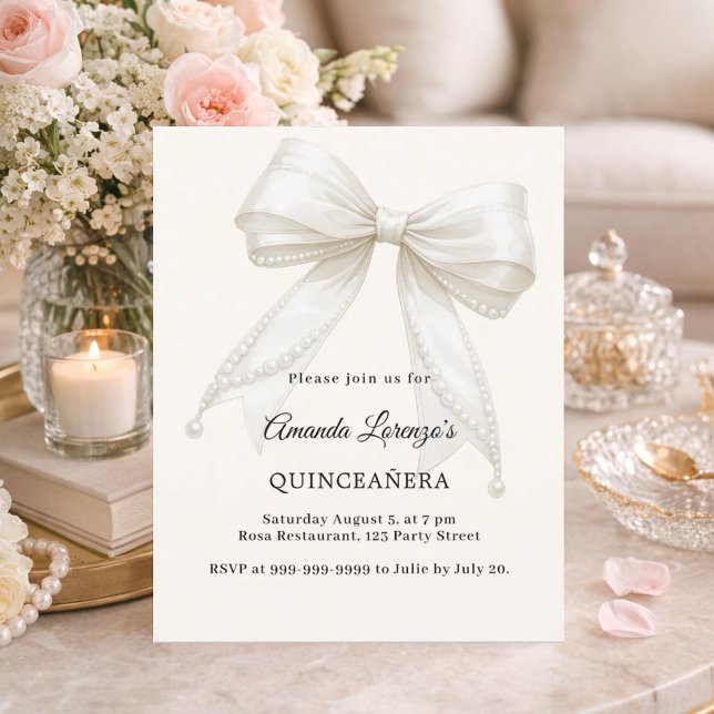 Quinceanera bow ivory cream pearls invitation (Creator Uploaded)