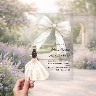 Quinceanera bow ivory dress cream clear luxury acrylic invitations