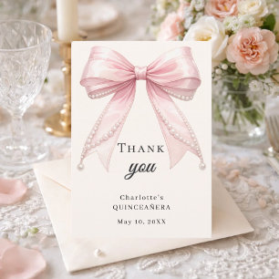 Quinceanera bow pink ivory pearls elegant thank you card