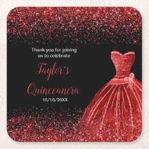 Quinceanera Bright Red Faux Glitter Square Paper Coaster