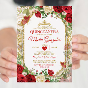 Quinceañera Bright Red & Gold Crown Butterfly Invitation
