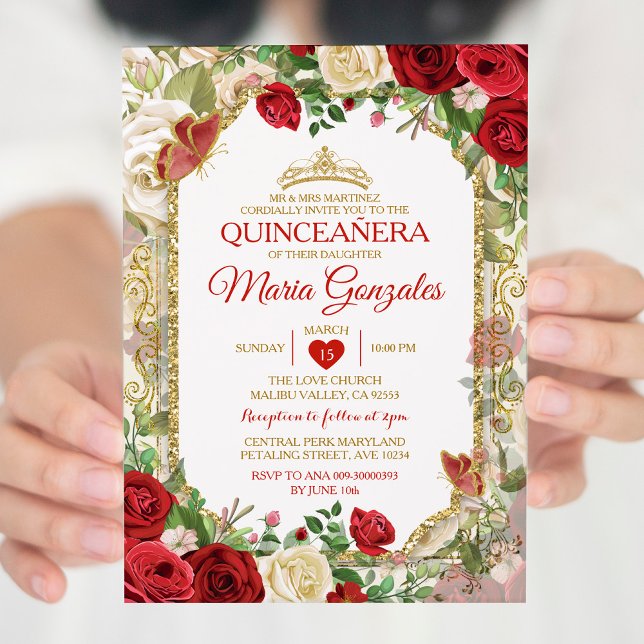 Quinceañera Bright Red & Gold Crown Butterfly Invitation (Creator Uploaded)
