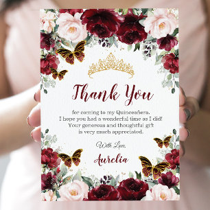 Quinceañera Burgundy Blush Floral Butterflies  Thank You Card