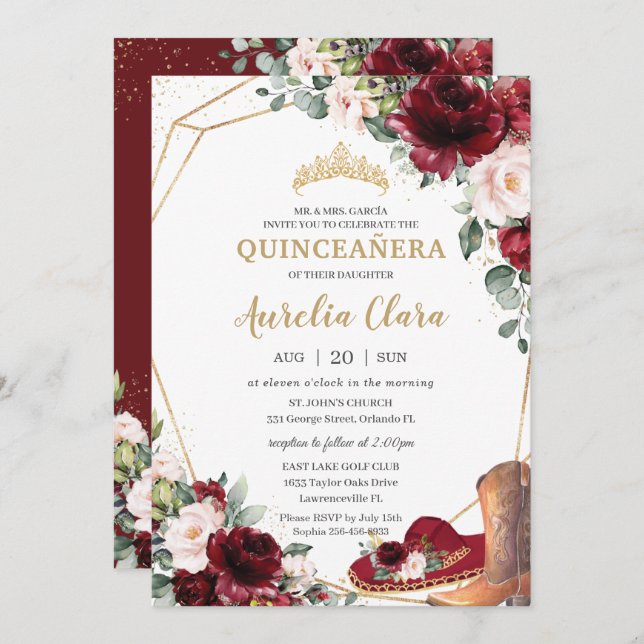 Quinceañera Burgundy Blush Floral Charro Hat Boot Invitation (Front/Back)