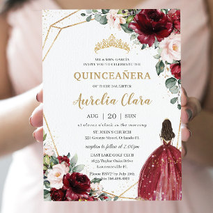Quinceañera Burgundy Blush Floral Gold Princess Invitation