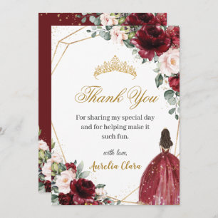 Quinceañera Burgundy Blush Floral Gold Princess Thank You Card