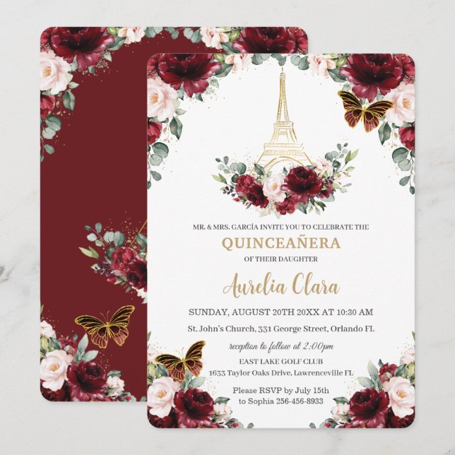 Quinceañera Burgundy Blush Floral Paris Butterfly Invitation (Front/Back)