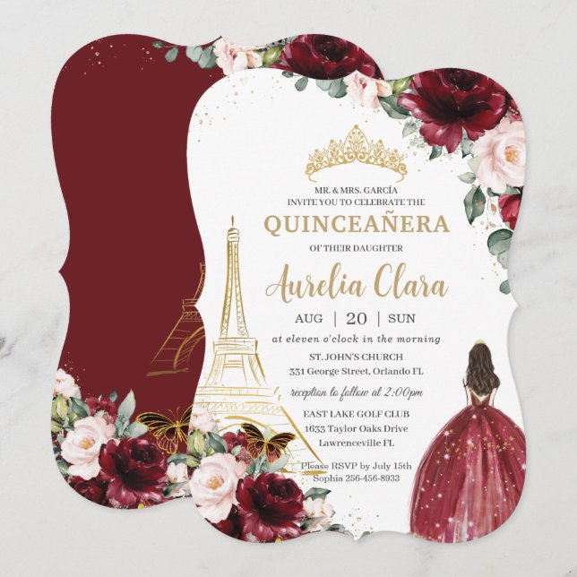 Quinceañera Burgundy Blush Floral Paris Gold Crown Invitation (Front/Back)