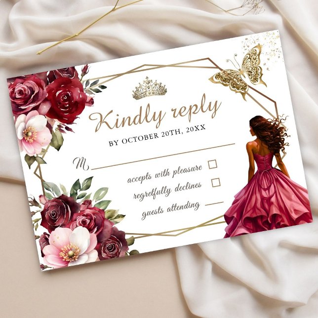 Quinceañera Burgundy Blush Floral Princess Rsvp (Creator Uploaded)