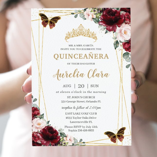 Quinceañera Burgundy Blush Floral Princess Tiara Invitation (Creator Uploaded)
