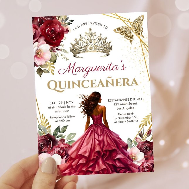 Quinceañera Burgundy Blush Floral Princess Tiara Invitation (Creator Uploaded)