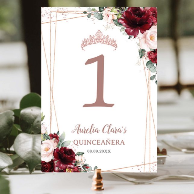 Quinceañera Burgundy Blush Floral Rose Gold Table Number (Creator Uploaded)