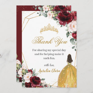 Quinceañera Burgundy Blush Floral Yellow Princess Thank You Card