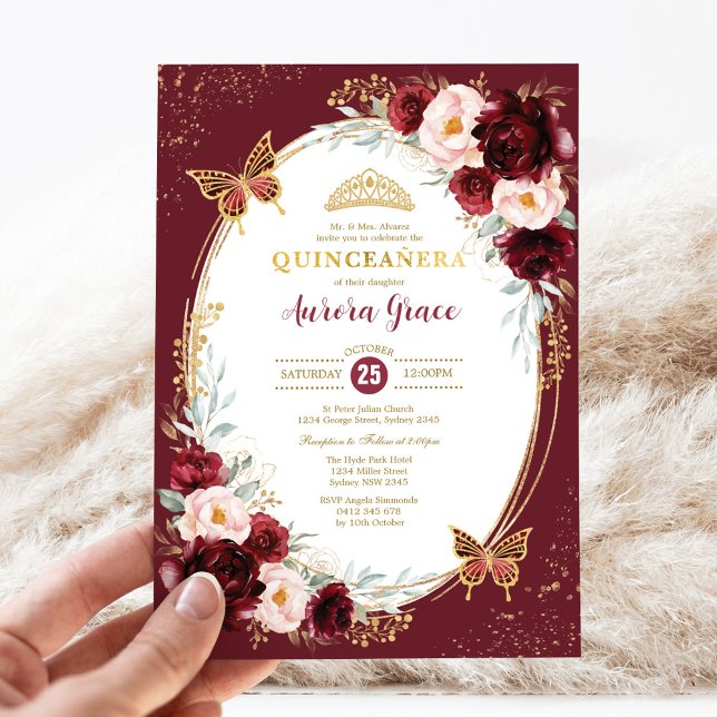 Quinceañera Burgundy Blush Flower Butterflies Invitation (Creator Uploaded)