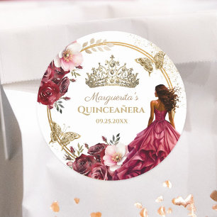 Quinceañera Burgundy Blush Gold Floral Princess Classic Round Sticker