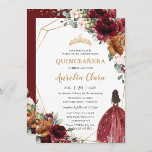 Quinceañera Burgundy Blush Rust Floral Princess Invitation