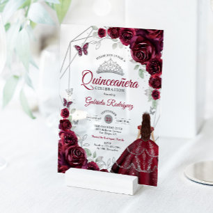 Quinceanera Burgundy Dress Floral Acrylic Invitations