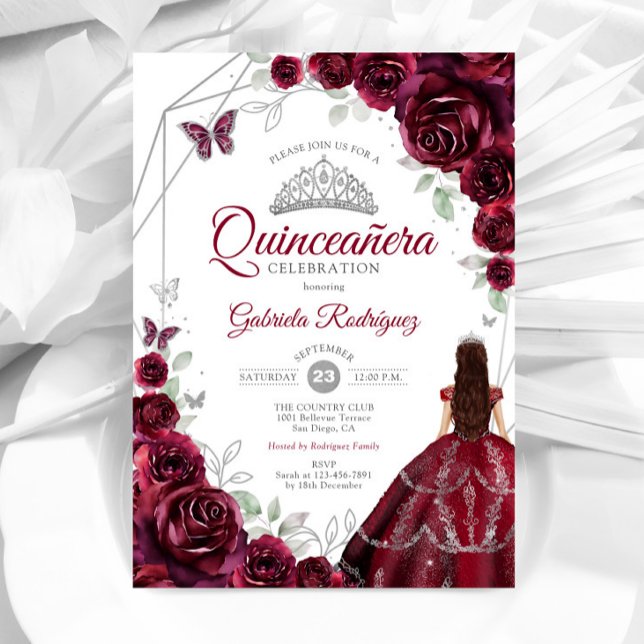 Quinceanera Burgundy Dress Floral Invitation (Creator Uploaded)