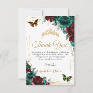 Quinceañera Burgundy Emerald Floral 16th Birthday  Thank You Card