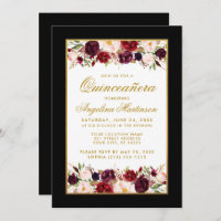 Quinceanera Burgundy Floral Black White Gold