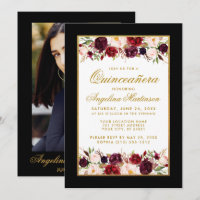Quinceanera Burgundy Floral Black White Gold Photo