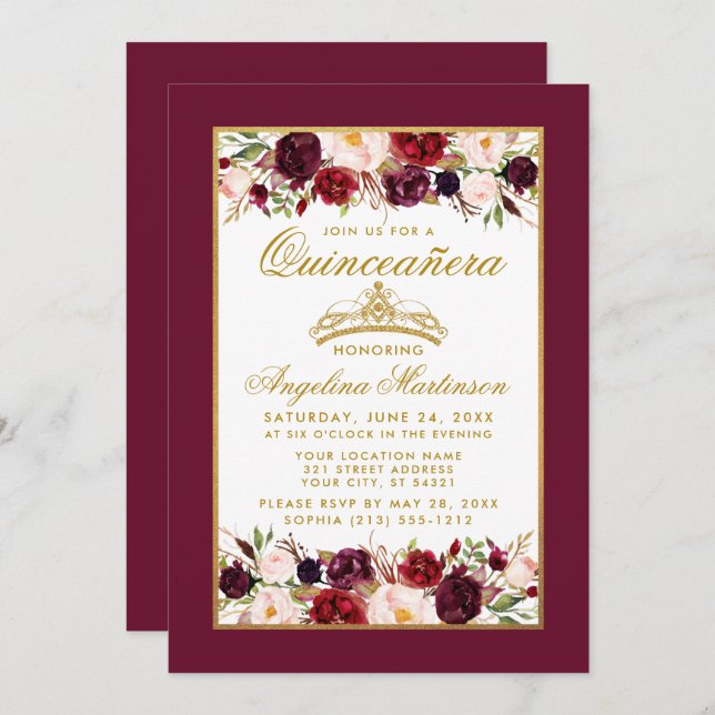 Quinceanera Burgundy Floral Crown Gold Frame Invitation (Front/Back)