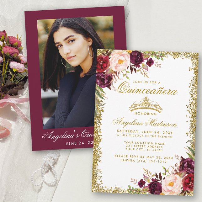 Quinceanera Burgundy Floral Crown Photo Gold Invitation (Customize to change text size or text style.)
