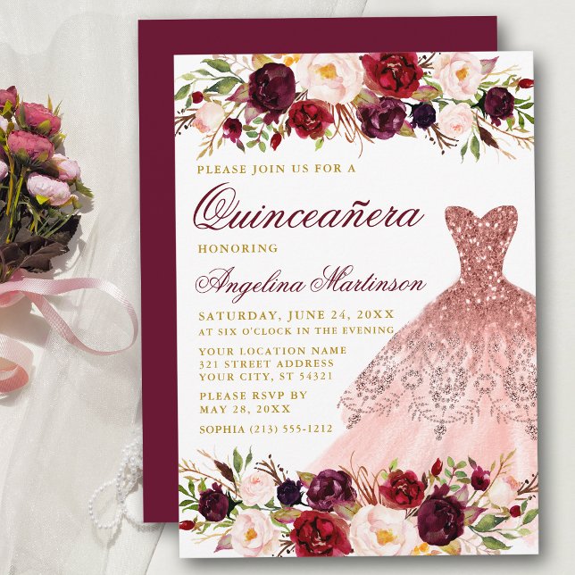 Quinceanera Burgundy Floral Glitter Dress Gold Invitation (Customize to change text color,  size, style or to change color of back of card.)