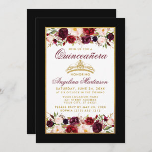 Quinceanera Burgundy Floral Gold Crown Black Invitation