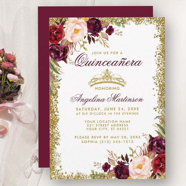 Quinceanera Burgundy Floral Gold Crown Invite B (Customize to change text color, style, add text & photos to back or change color of back of card.)
