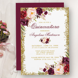 Quinceanera Burgundy Floral Gold Glitter Invite B