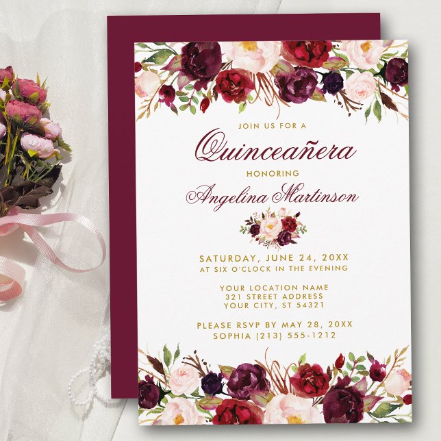 Quinceanera Burgundy Floral Gold Invitation (Customize to change text color, style, add text & photos to back or change color of back of card.)