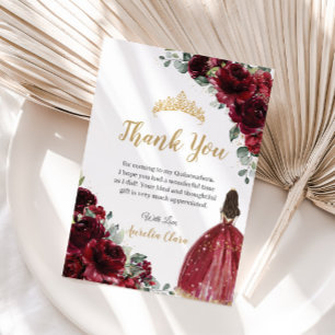 Quinceañera Burgundy Floral Gold Princess Dress Thank You Card