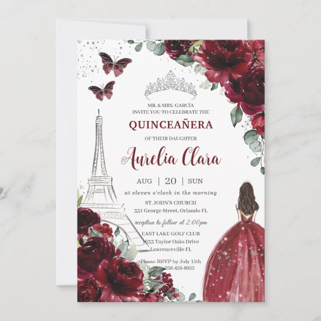 Quinceañera Burgundy Floral Paris Eiffel Princess  Invitation (Front)