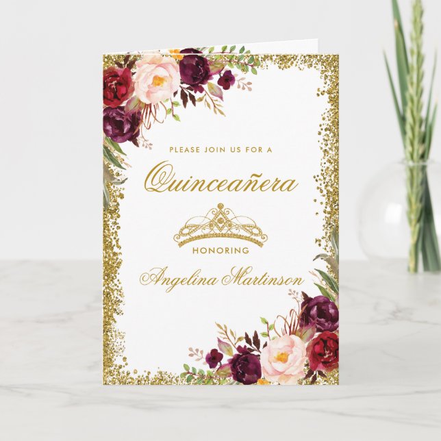 Quinceanera Burgundy Floral Photo Gold Crown Fold Card (Front)