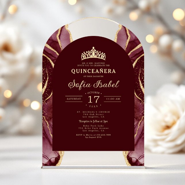 Quinceañera Burgundy Gold Agate Elegant Acrylic Invitations (Creator Uploaded)