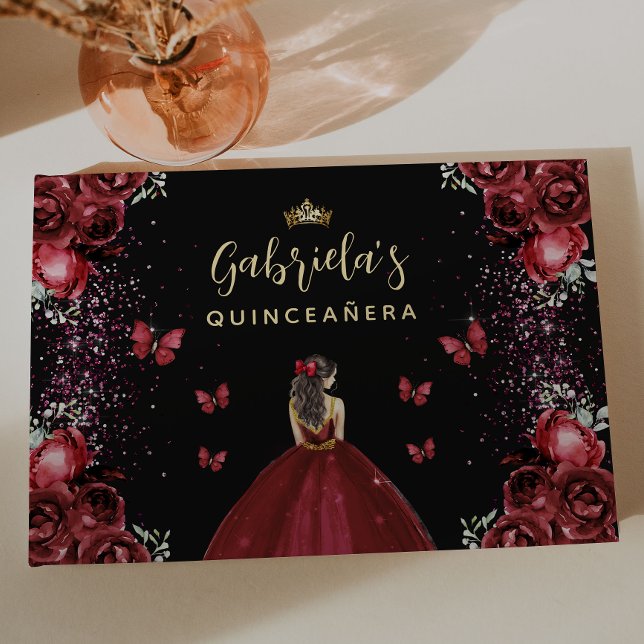 Quinceañera Burgundy Gold Black Floral Guest Book (Creator Uploaded)