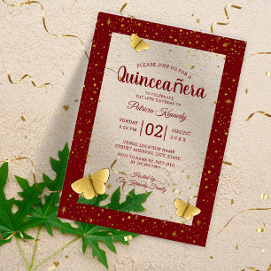 Quinceañera Burgundy&Gold Butterflies 15 Birthday Acrylic Invitations