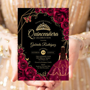 Quinceanera Burgundy Gold Butterfly Dress Floral Invitation